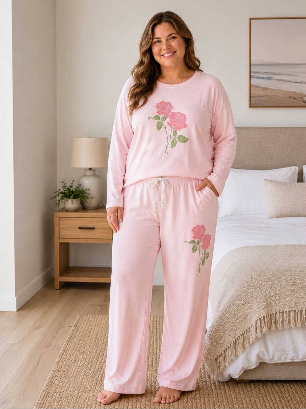 P.J. Salvage Pink Rose Pajama Set 2X Blush Long Sleeve Cotton Modal NWT
